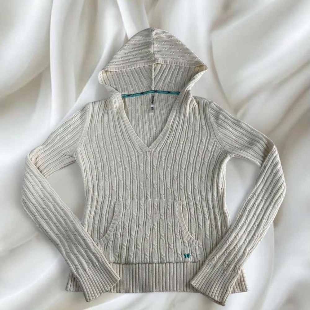 Aeropostale white cable knit babydoll long sleeve hooded sweater Y2K vintage